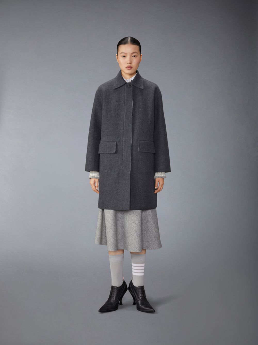 Thom Browne Bal Collar With Detachable Collar in Double Face Melton Solid Donna Cappotti Grigie | XGF13H06440