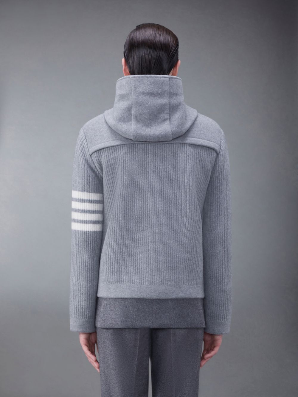 Thom Browne Boiled Wool Half Cardigan Stitch Hooded 4-Bar Duffle Uomo Giacche Grigie | DCB22W19984