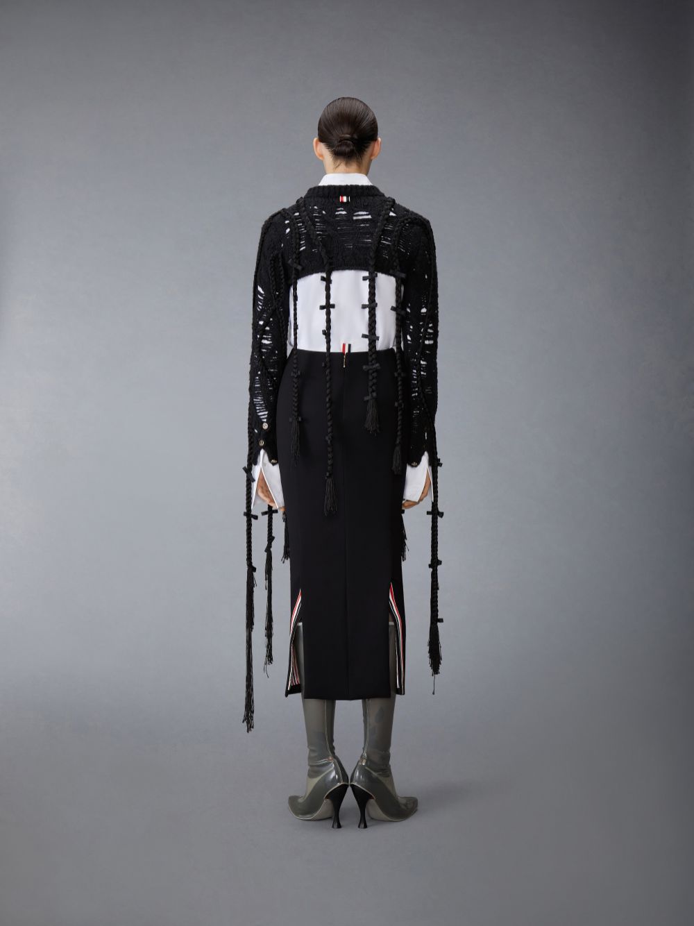 Thom Browne Cashmere Silk Cable Ladder Stitch Cropped Crewneck Donna Cardigan Nere | GSR01O68570