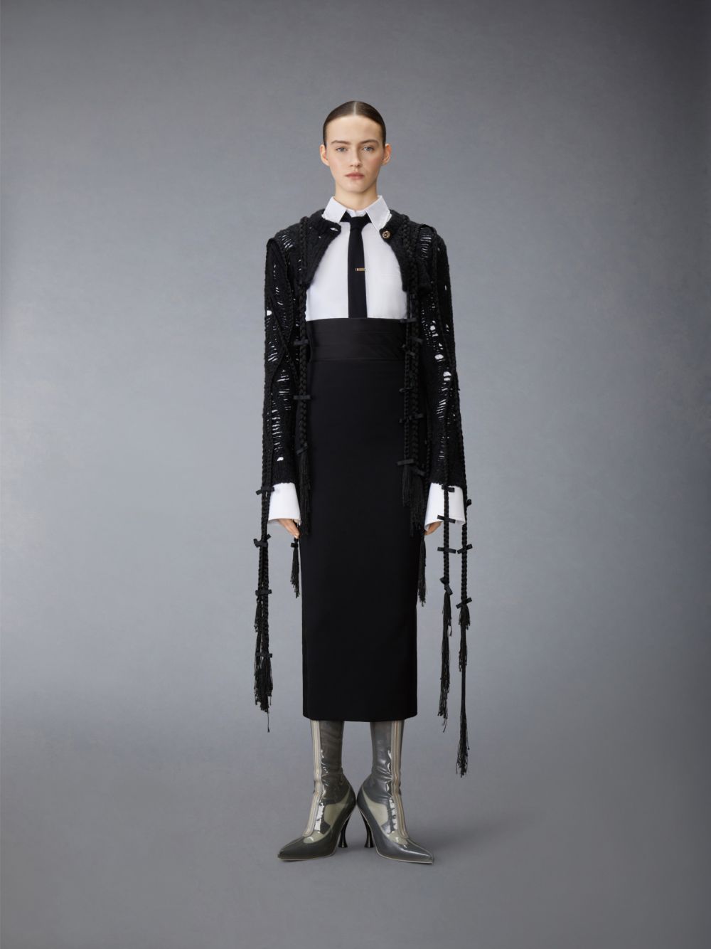 Thom Browne Cashmere Silk Cable Ladder Stitch Cropped Crewneck Donna Cardigan Nere | GSR01O68570