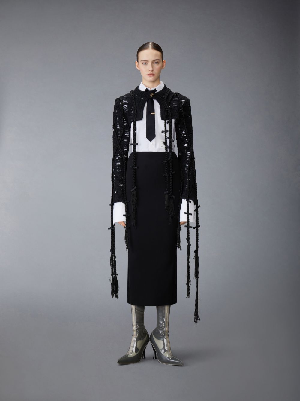 Thom Browne Cashmere Silk Cable Ladder Stitch Cropped Crewneck Donna Cardigan Nere | GSR01O68570