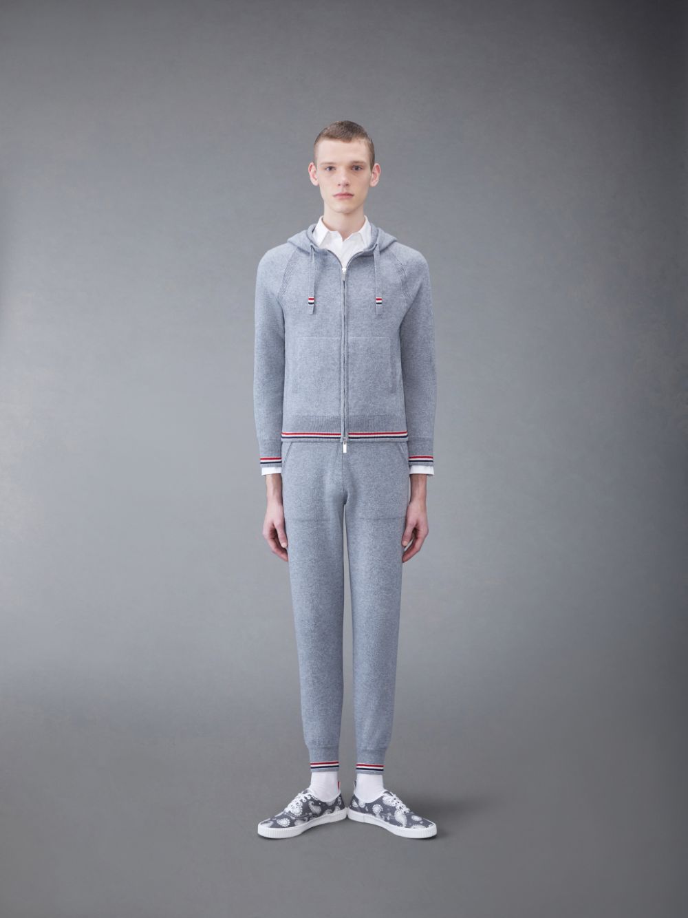 Thom Browne Cashmere Stripe Zip Front Uomo Felpa con Cappuccio Grigie | HYW56X02137