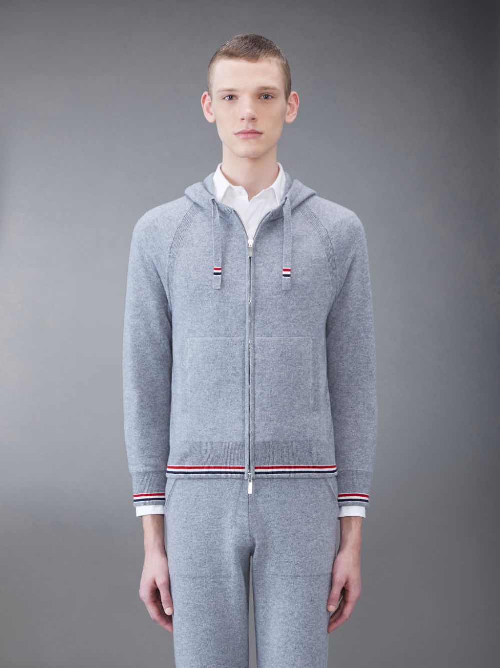 Thom Browne Cashmere Stripe Zip Front Uomo Felpa con Cappuccio Grigie | HYW56X02137