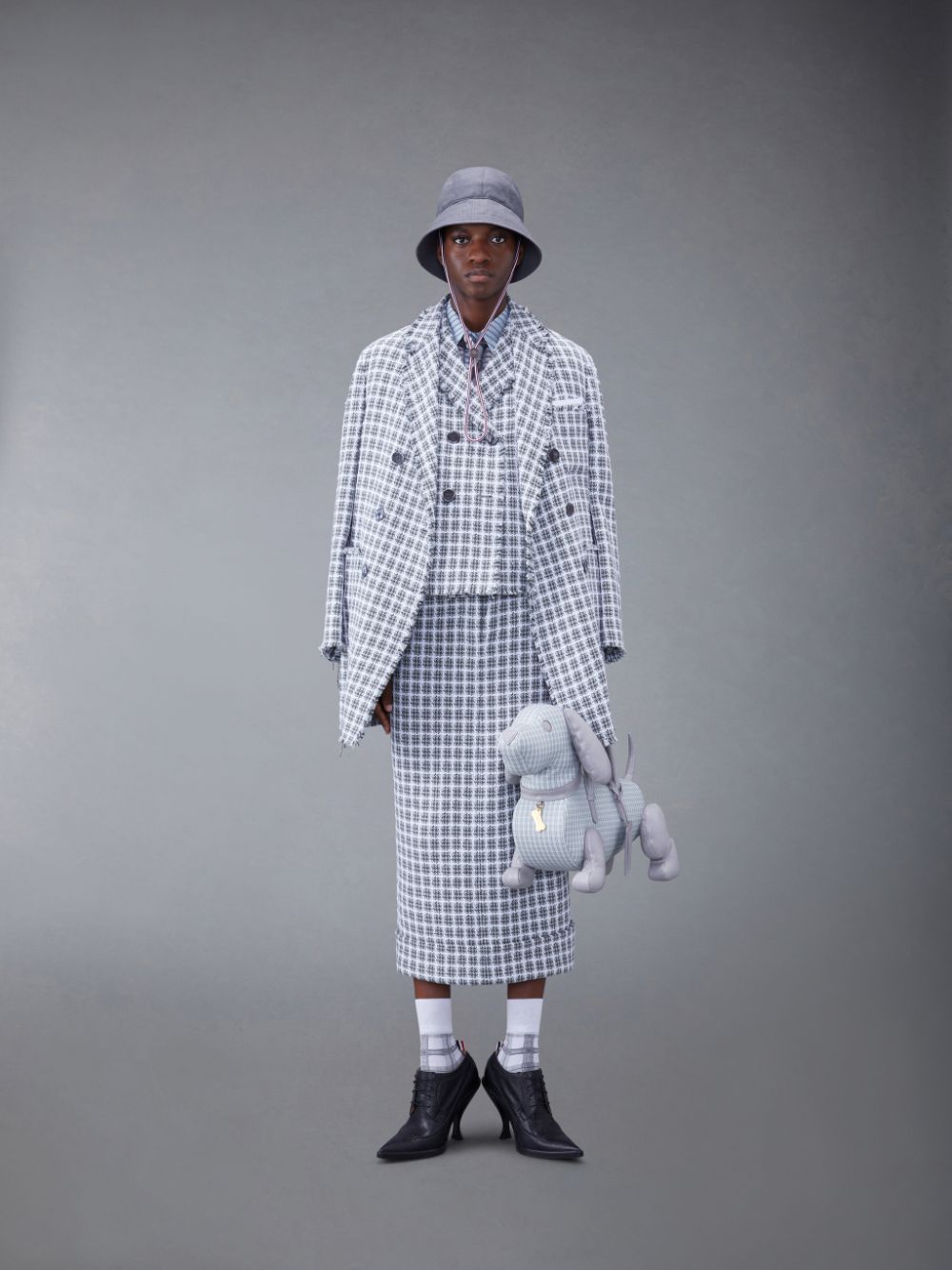 Thom Browne Check Summer Tweed Fray Cropped Sack Sport Donna Cappotti Grigie | LMK22X31517