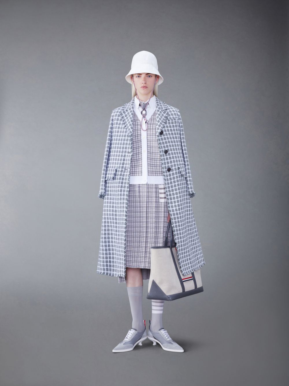 Thom Browne Check Summer Tweed Fray Wide Lapel Donna Cappotti Grigie | GNE45H57390