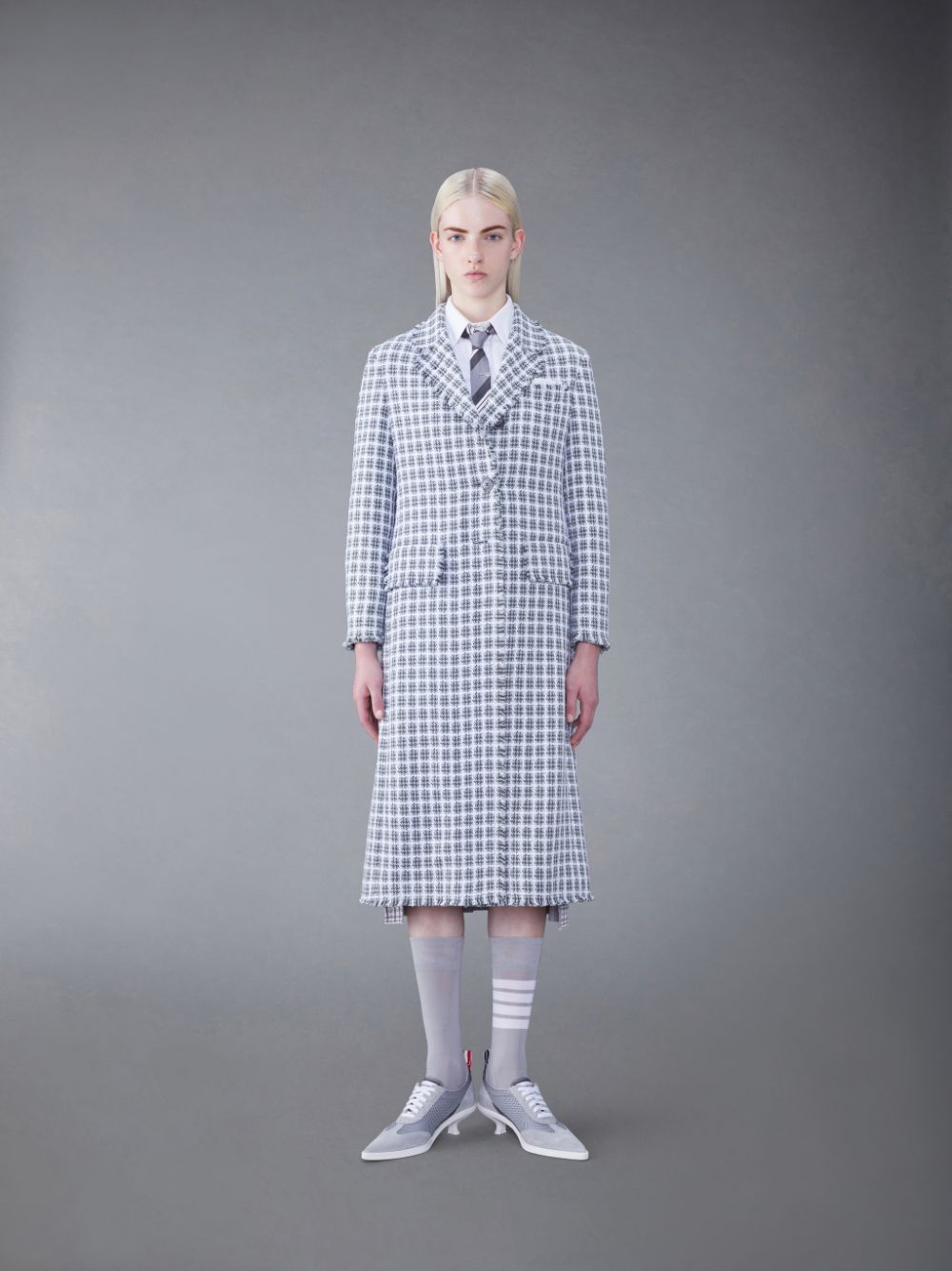 Thom Browne Check Summer Tweed Fray Wide Lapel Donna Cappotti Grigie | GNE45H57390