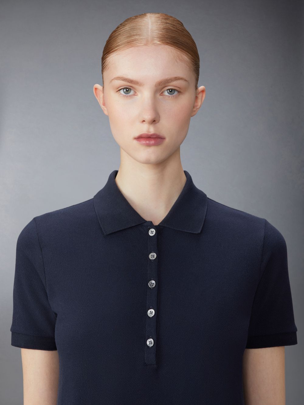 Thom Browne Classic Cotton Pique Center Back Stripe A-line Short Sleeve Polo Shirt Donna Vestito Blu Marino | LBT21O93116