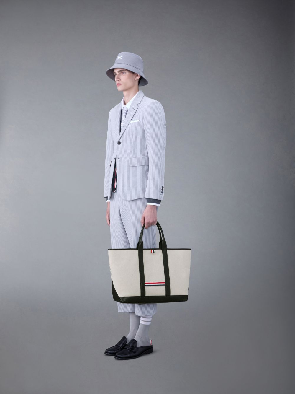 Thom Browne Cotton Canvas Leather Medium Tool Uomo Borse Tote Beige | NHD09Y41101