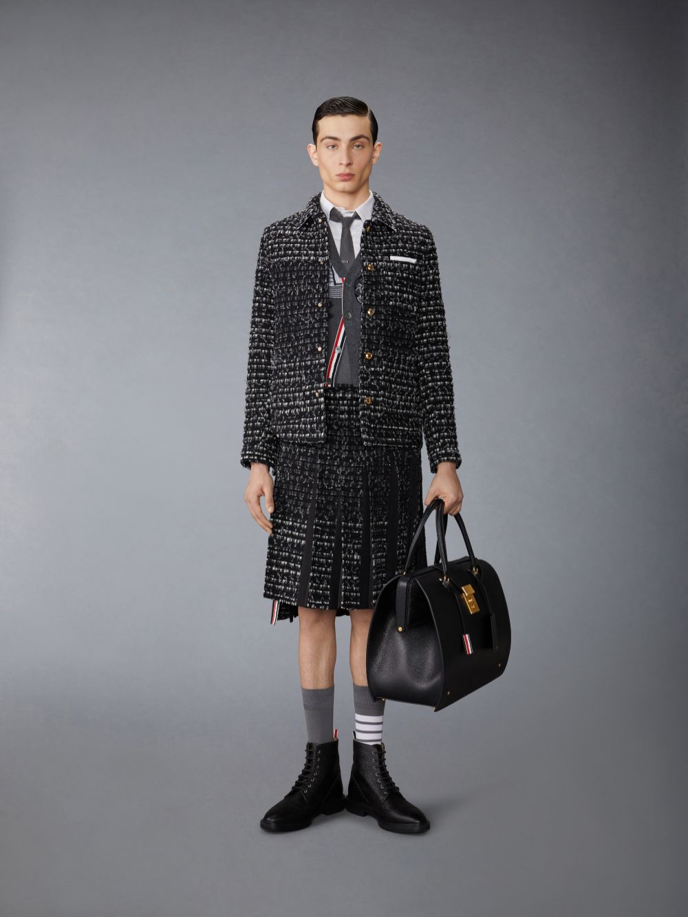 Thom Browne Denim Ribbon Tweed Classic Rise Midi Pleated Uomo Gonne Nere | WVA38F93001