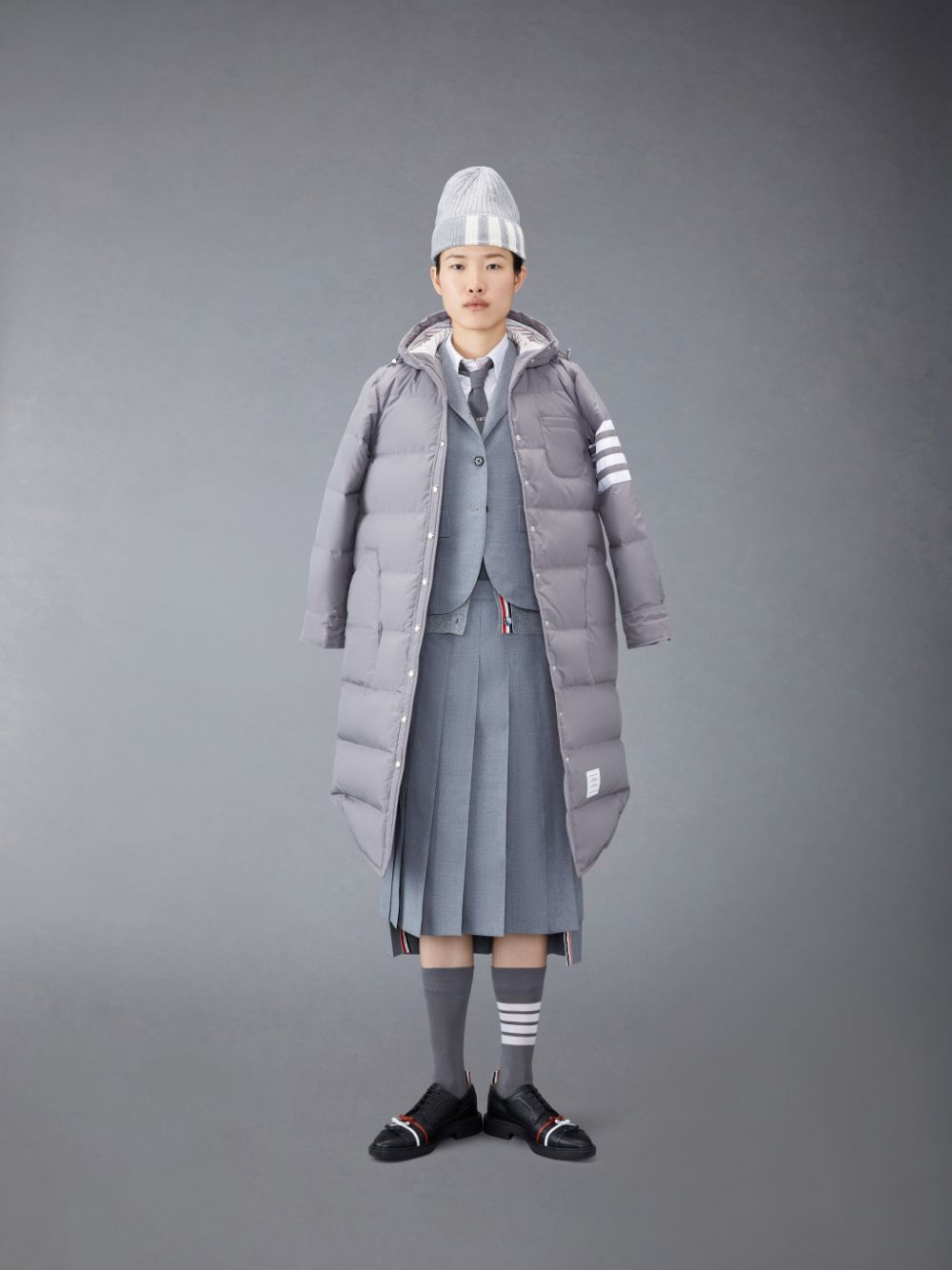 Thom Browne Downfilled Ripstop 4-Bar Hooded Shirtdress Donna Cappotti Grigie | PEL06U02767