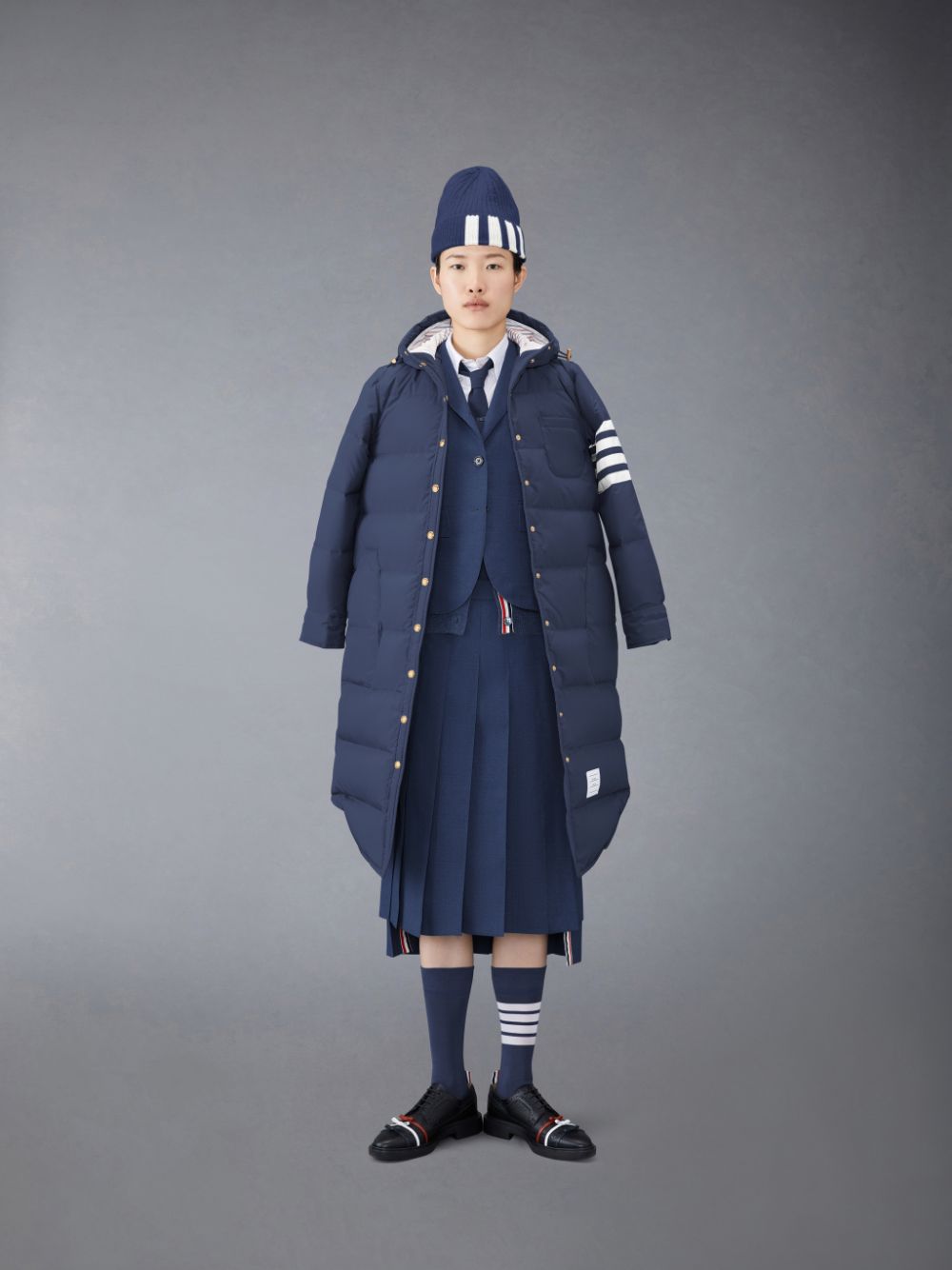 Thom Browne Downfilled Ripstop 4-Bar Hooded Shirtdress Donna Cappotti Blu | EWZ10E92627