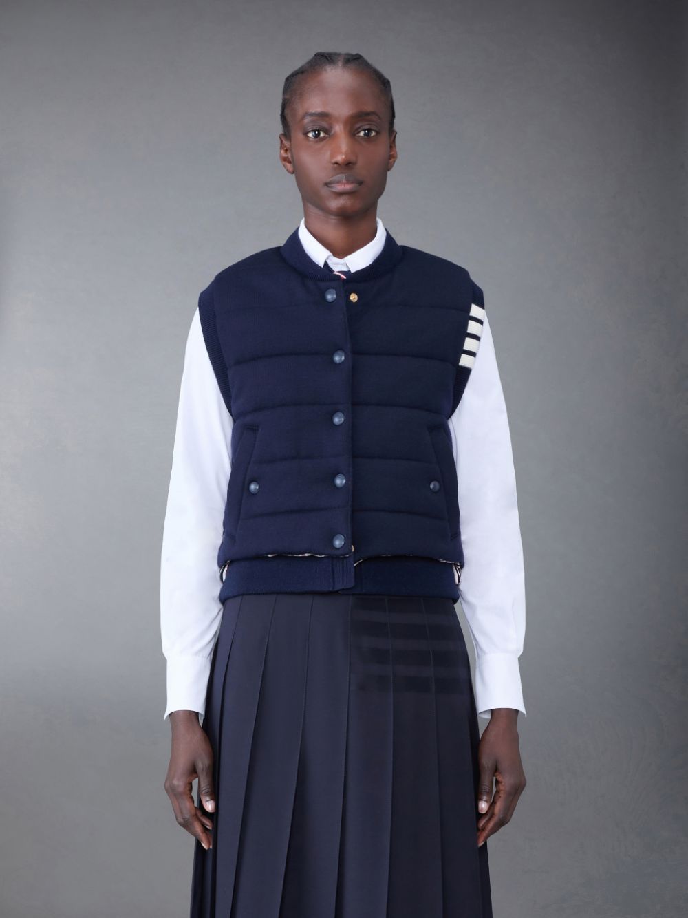 Thom Browne FINE MERINO AND JERSEY PADDED REVERSIBLE 4-BAR Donna Gilet Blu | GEL01H47364