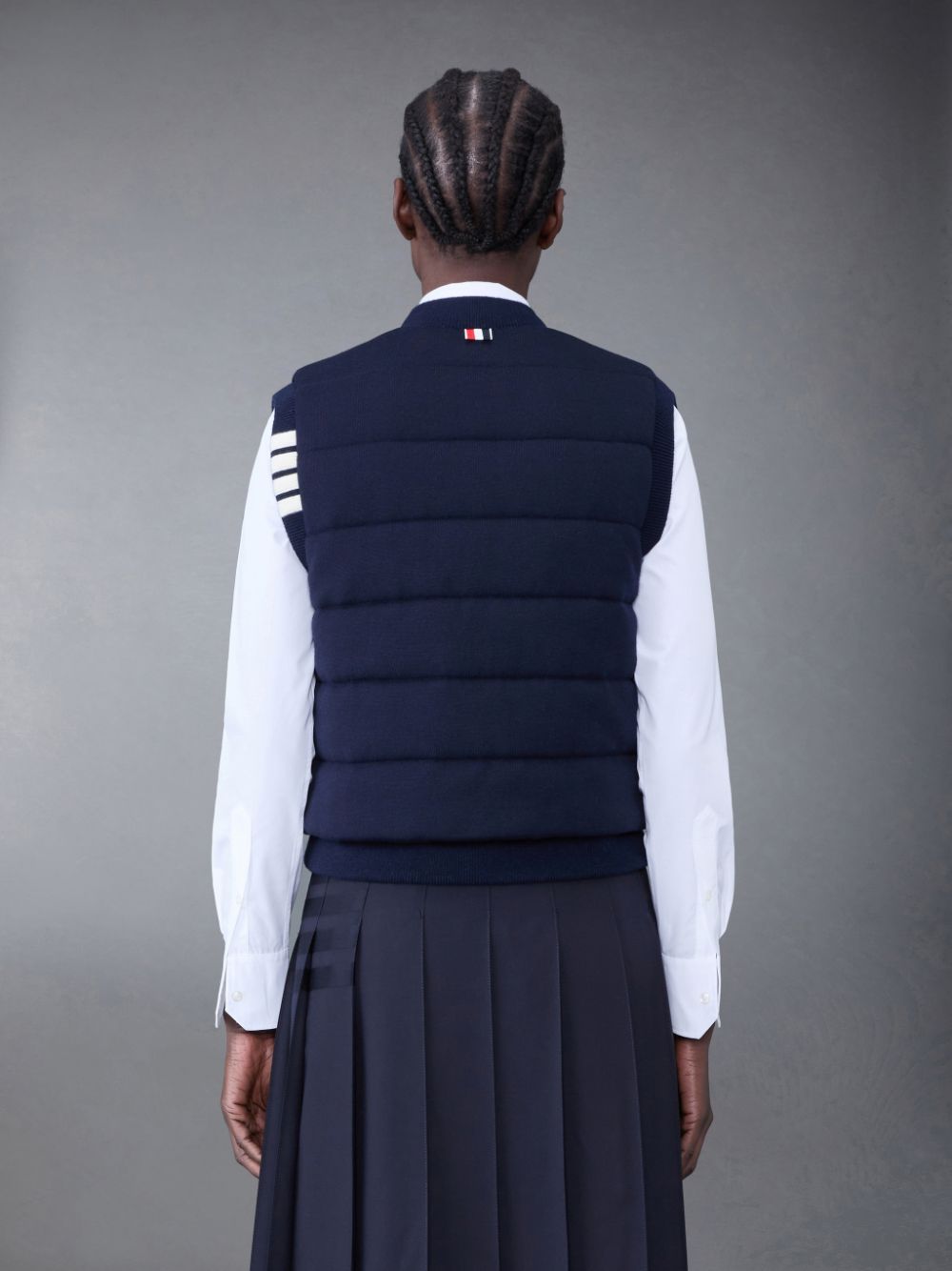 Thom Browne FINE MERINO AND JERSEY PADDED REVERSIBLE 4-BAR Donna Gilet Blu | GEL01H47364