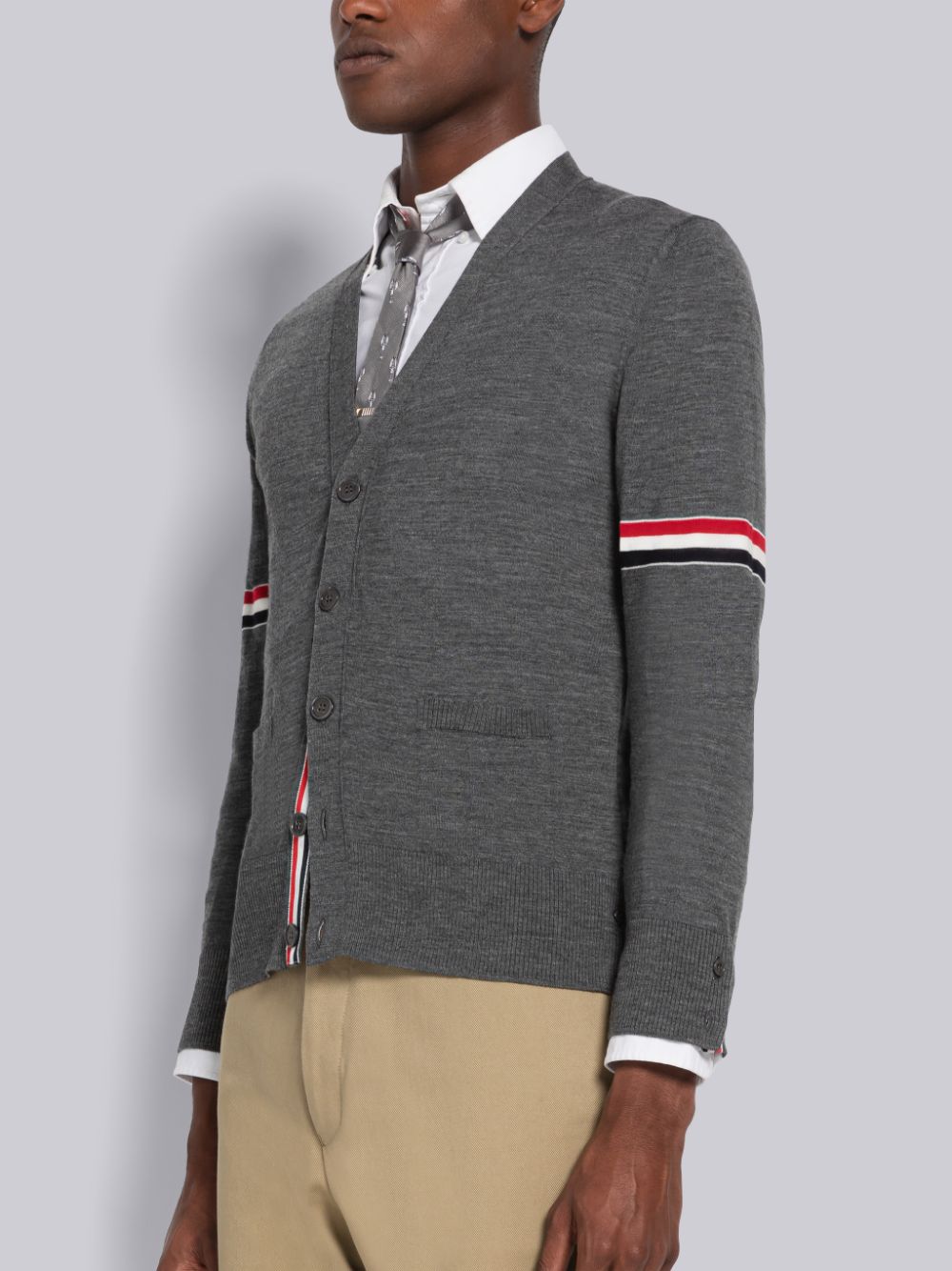 Thom Browne Fine Merino Stripe Relaxed V-Neck Uomo Cardigan Grigie | IDI76P45160