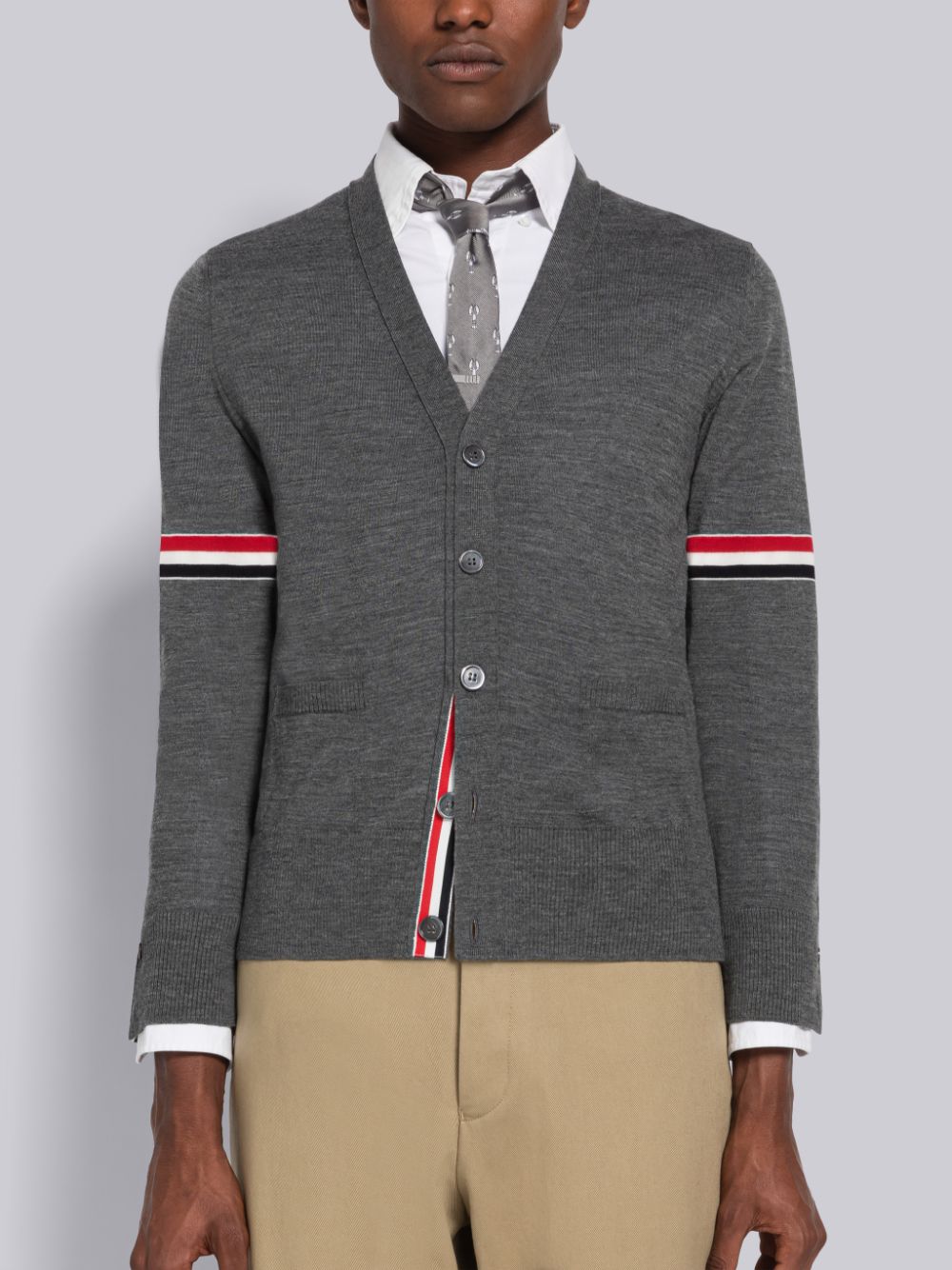 Thom Browne Fine Merino Stripe Relaxed V-Neck Uomo Cardigan Grigie | IDI76P45160