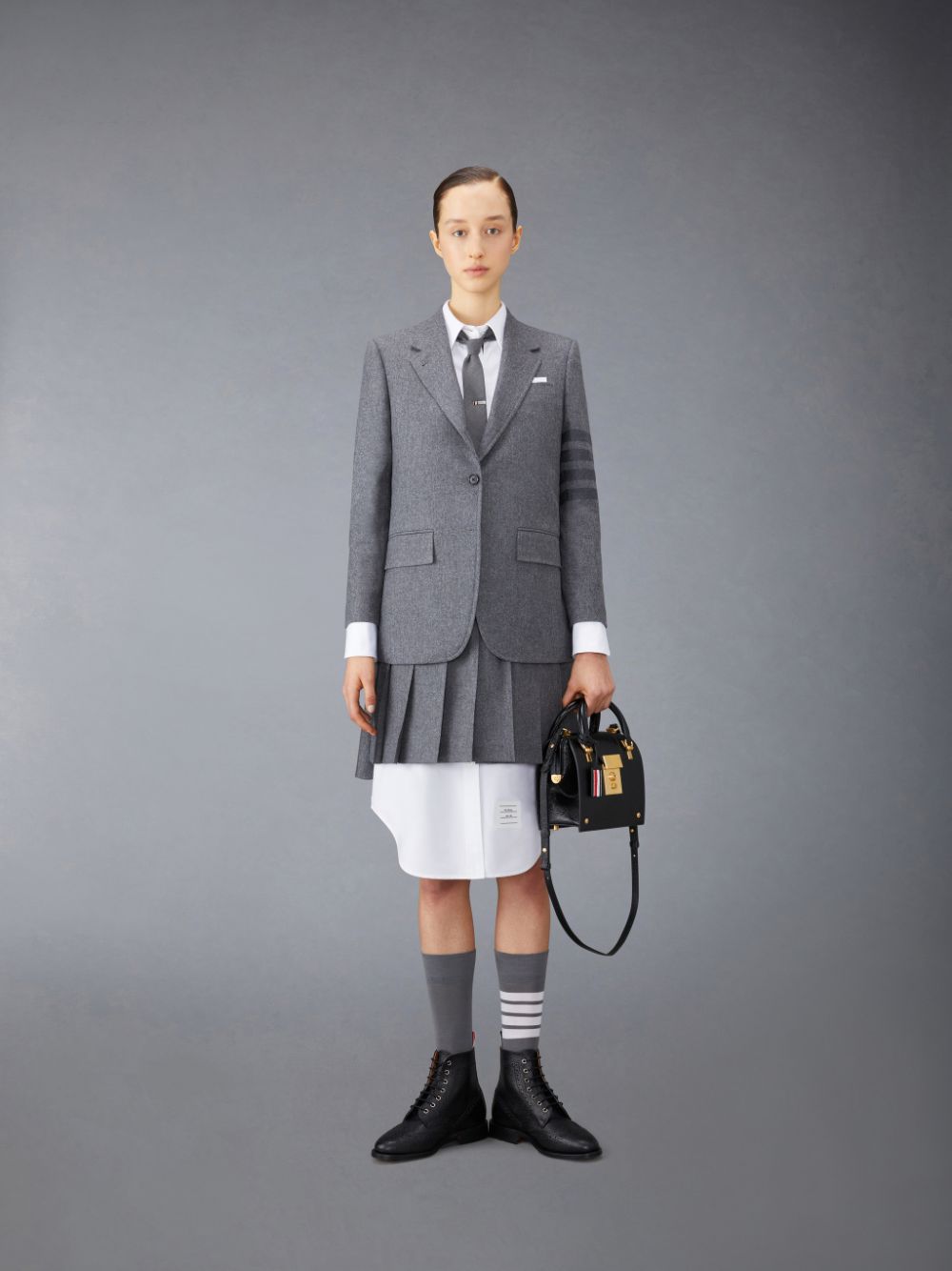 Thom Browne Flannel 4-Bar Pleated Mini Donna Gonne Grigie | GUF88O07514