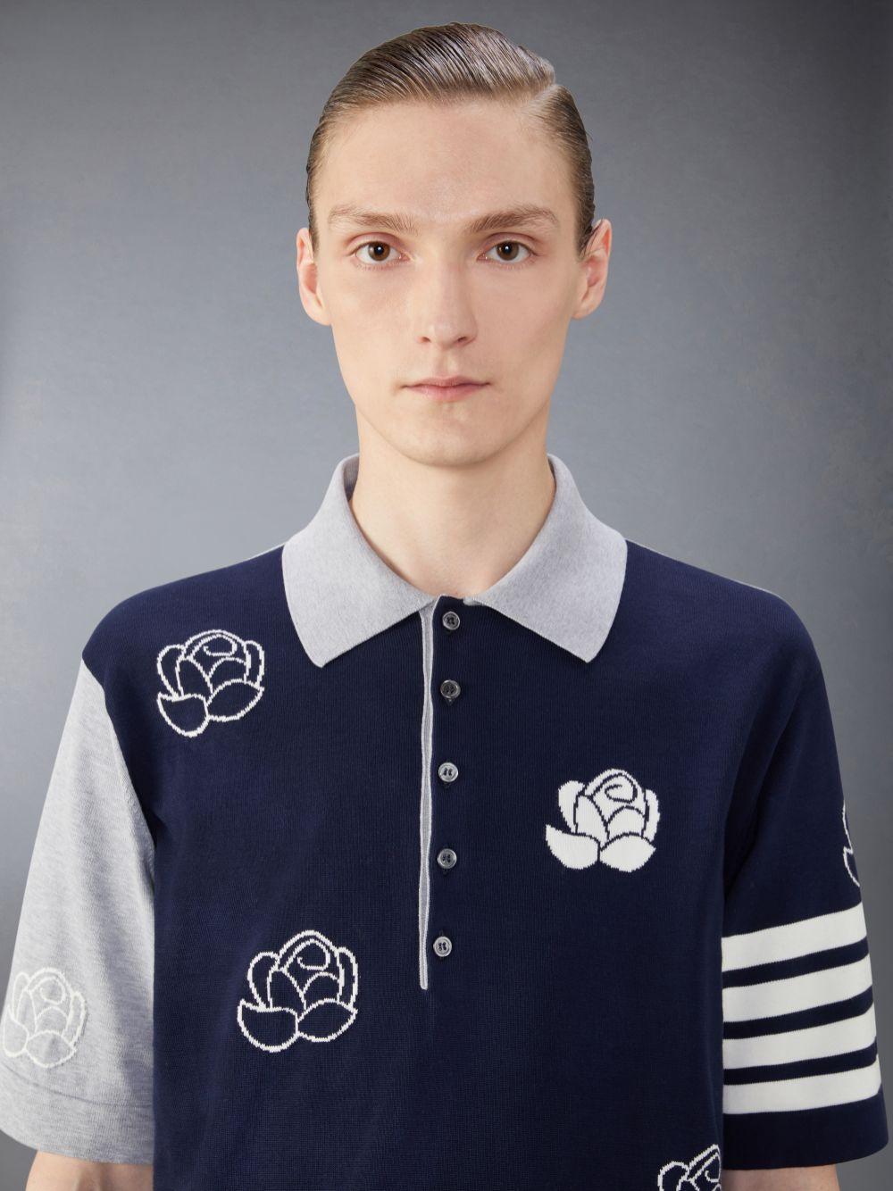 Thom Browne Funmix Cotton 4-Bar Rose and Raven Uomo Polo Blu | FXN05X23369