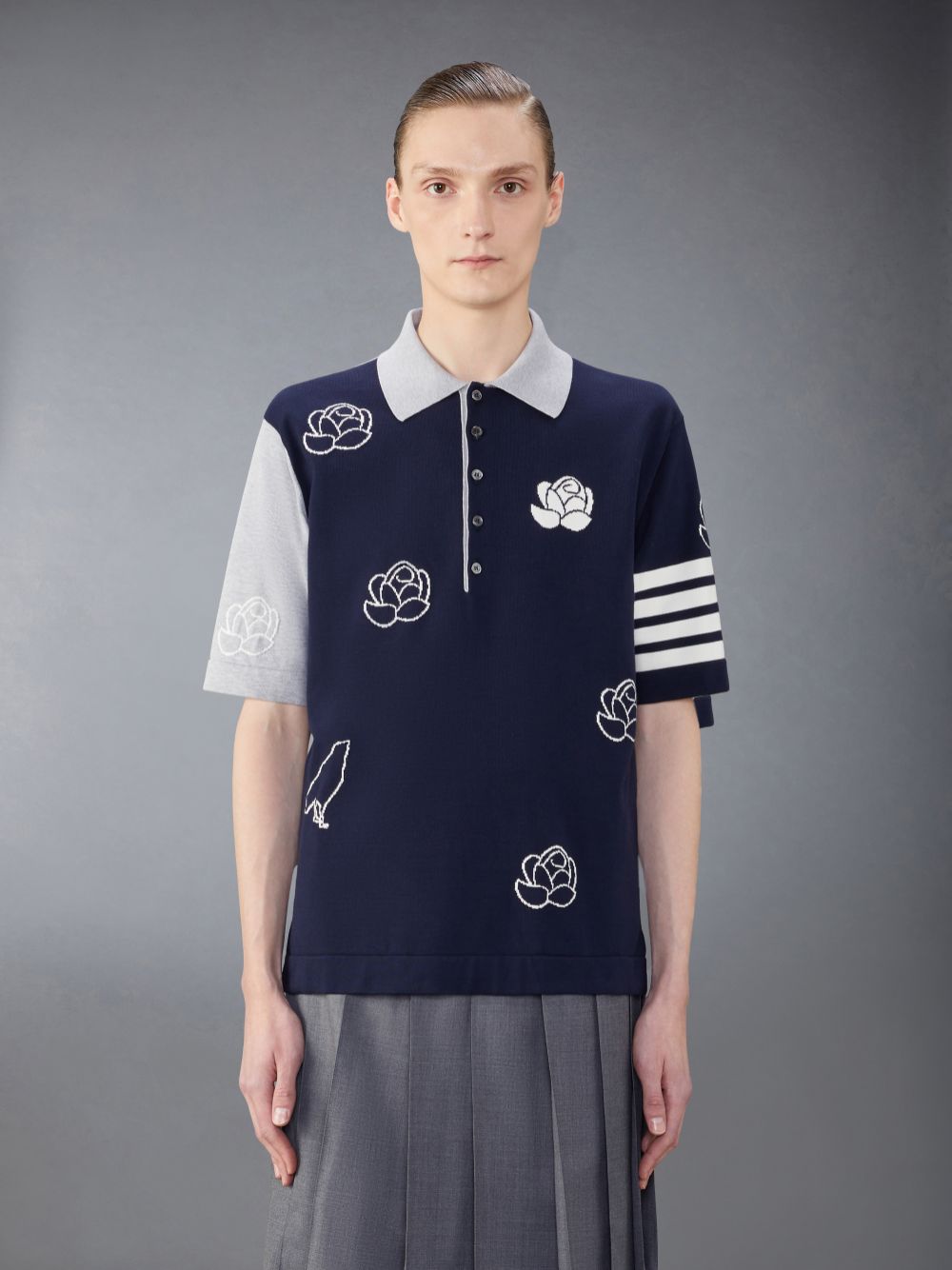 Thom Browne Funmix Cotton 4-Bar Rose and Raven Uomo Polo Blu | FXN05X23369