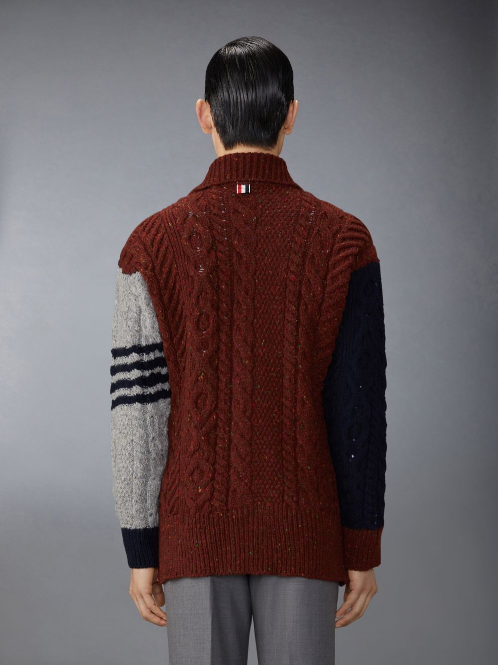 Thom Browne Funmix Donegal Mixed Cable Stitch 4-Bar Mock Neck Uomo Cardigan Blu | PPR12G36471