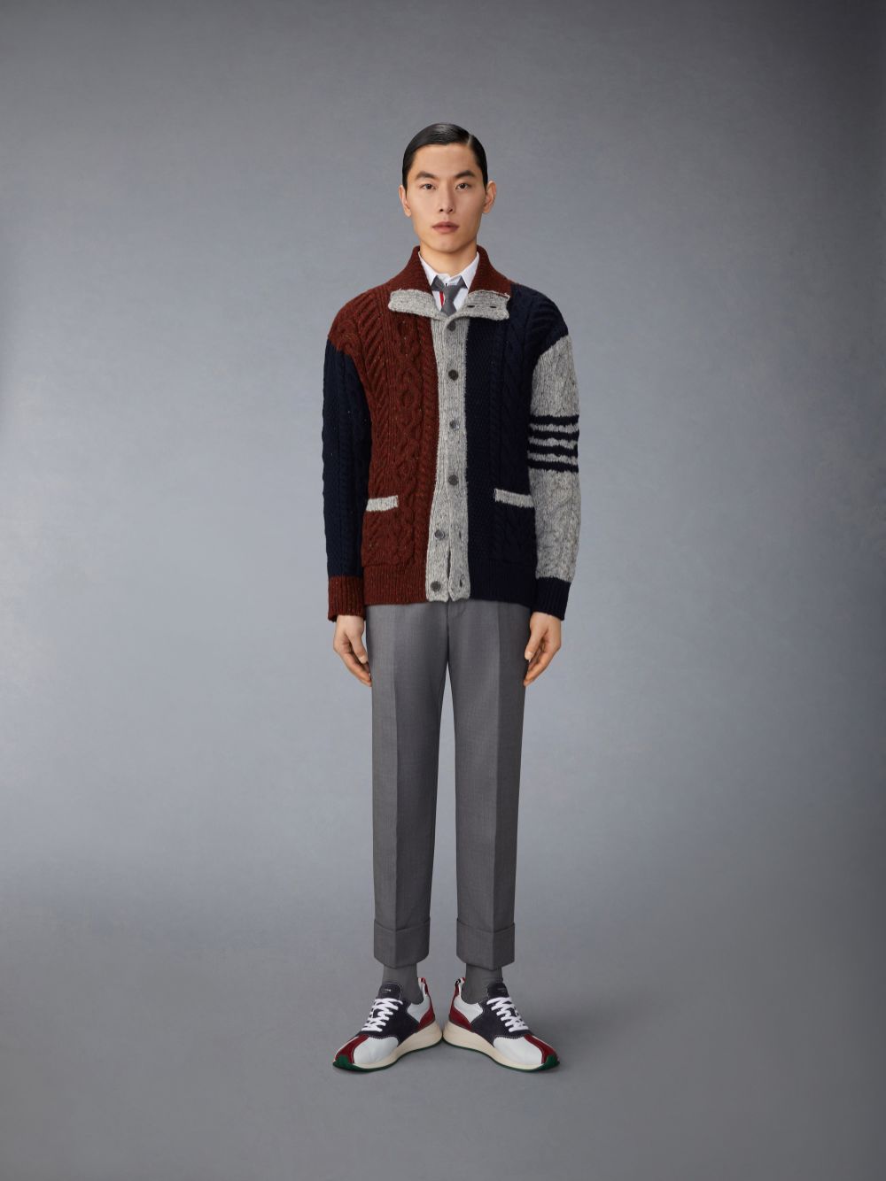 Thom Browne Funmix Donegal Mixed Cable Stitch 4-Bar Mock Neck Uomo Cardigan Blu | PPR12G36471