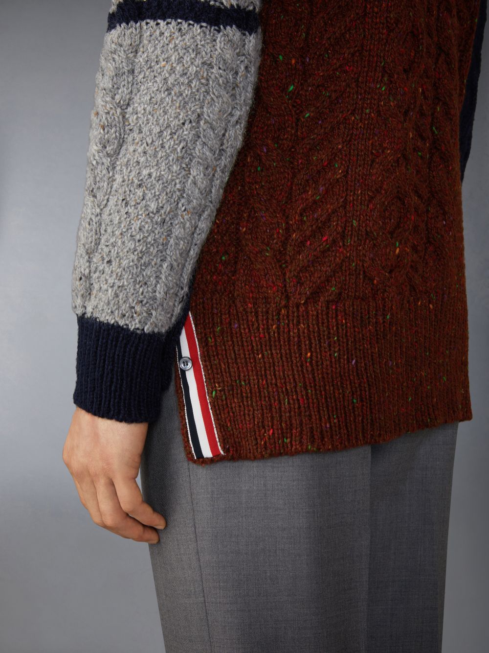 Thom Browne Funmix Donegal Mixed Cable Stitch 4-Bar Mock Neck Uomo Cardigan Blu | PPR12G36471