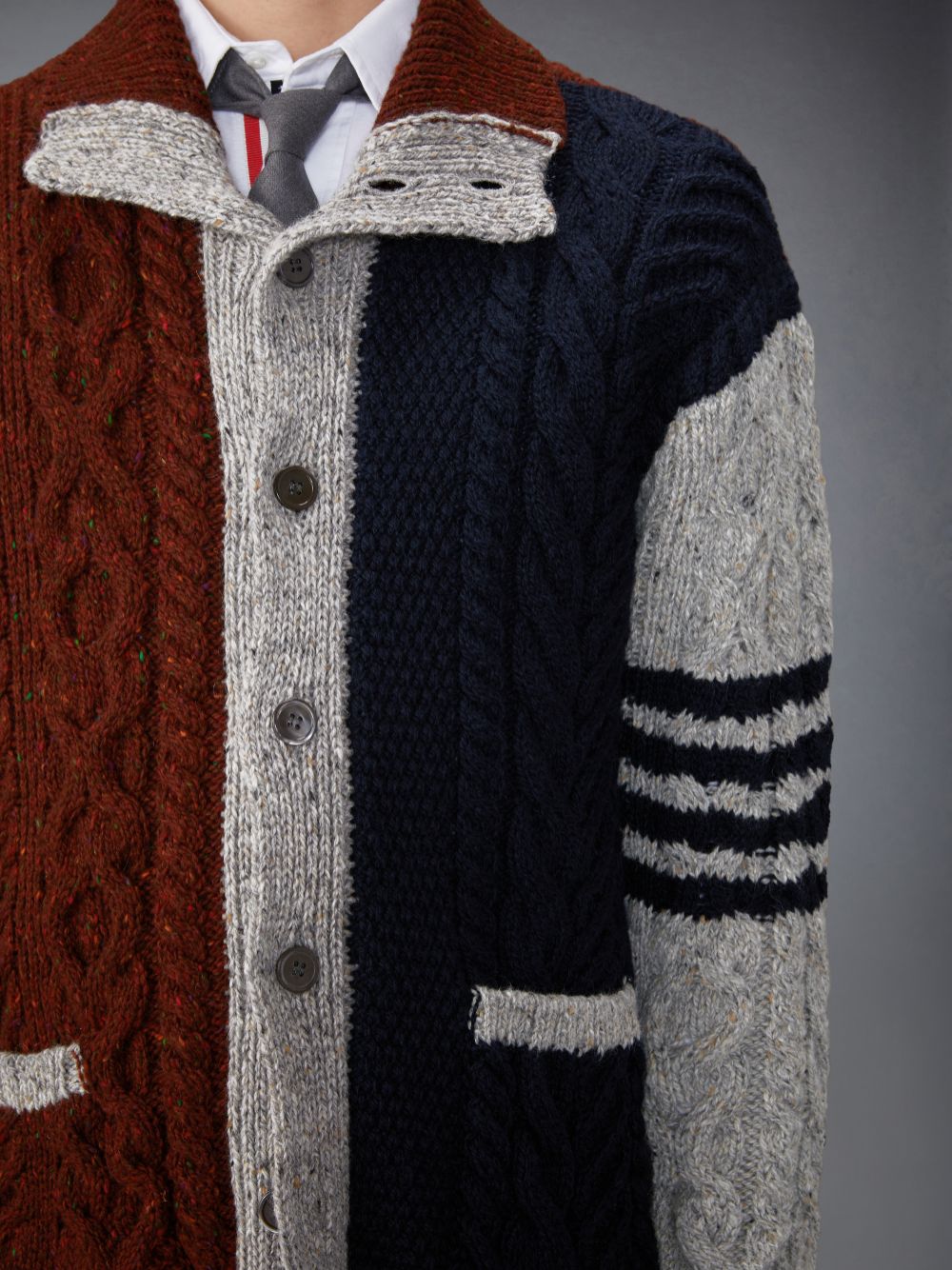 Thom Browne Funmix Donegal Mixed Cable Stitch 4-Bar Mock Neck Uomo Cardigan Blu | PPR12G36471