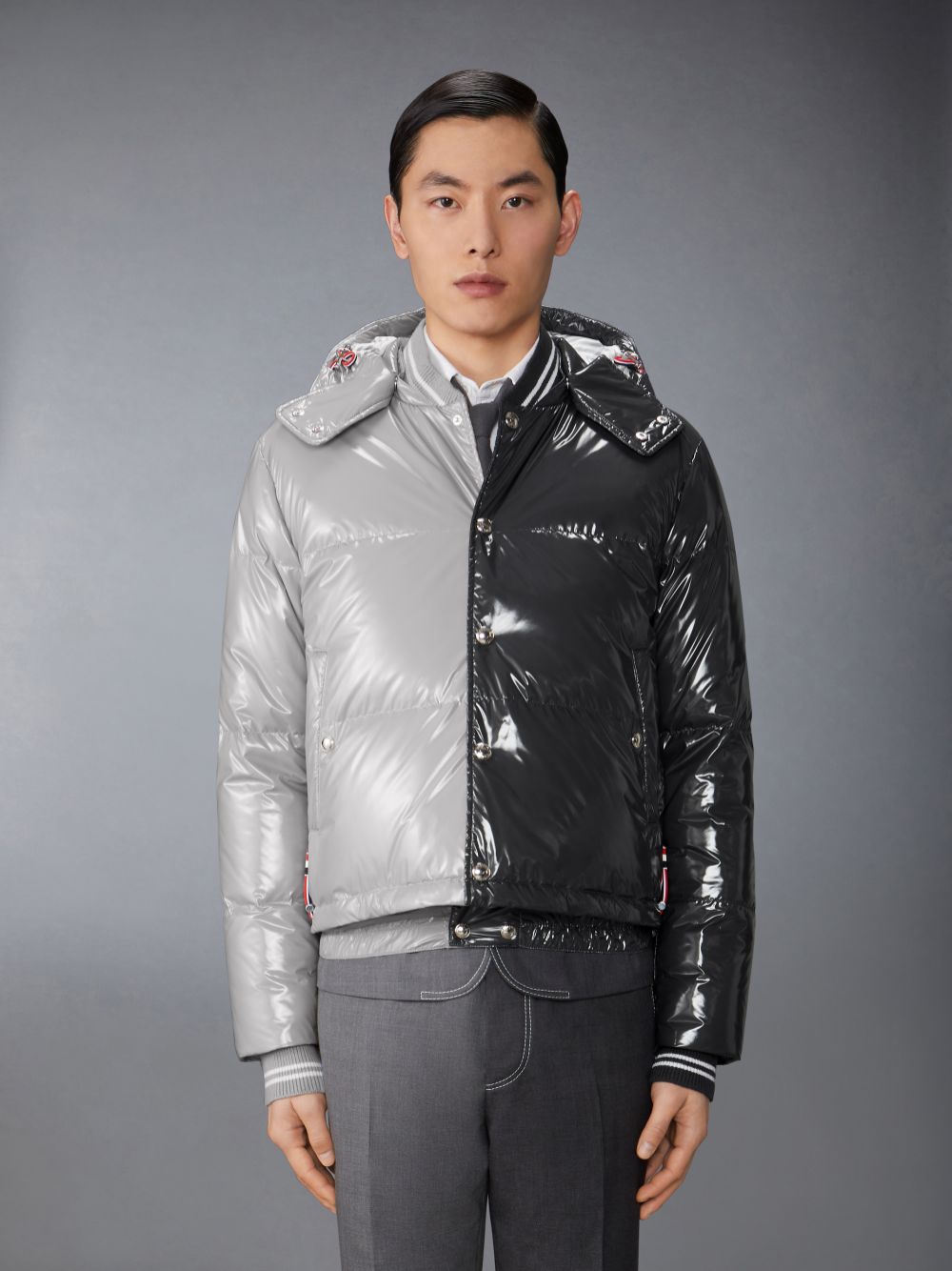 Thom Browne Funmix Glossy Tech Down Fill Detachable Hood Bomber Uomo Giacche Grigie | FOS38R01095