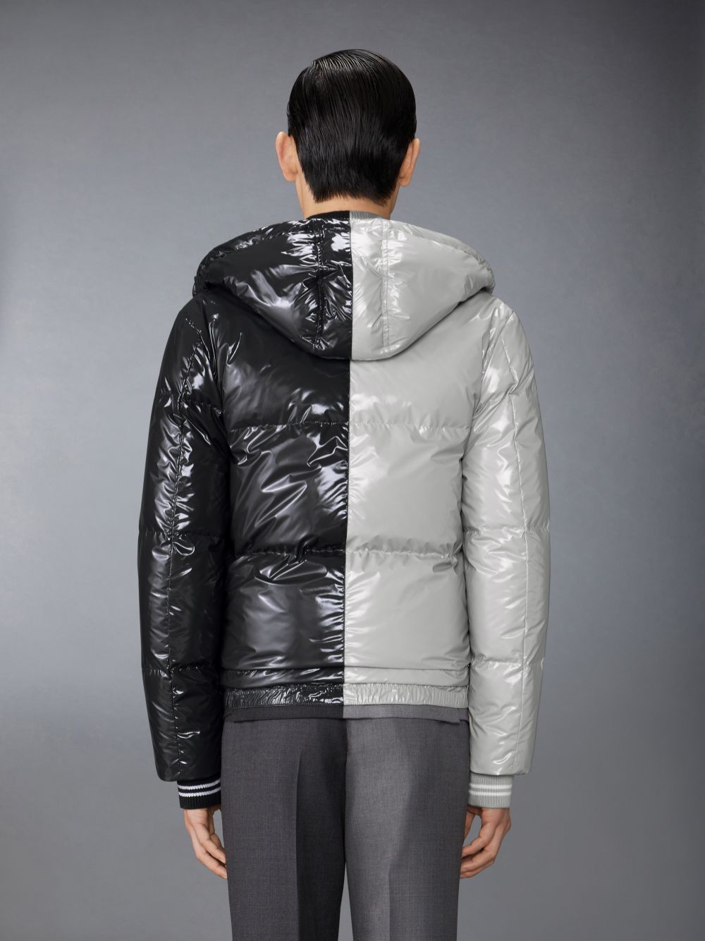 Thom Browne Funmix Glossy Tech Down Fill Detachable Hood Bomber Uomo Giacche Grigie | FOS38R01095