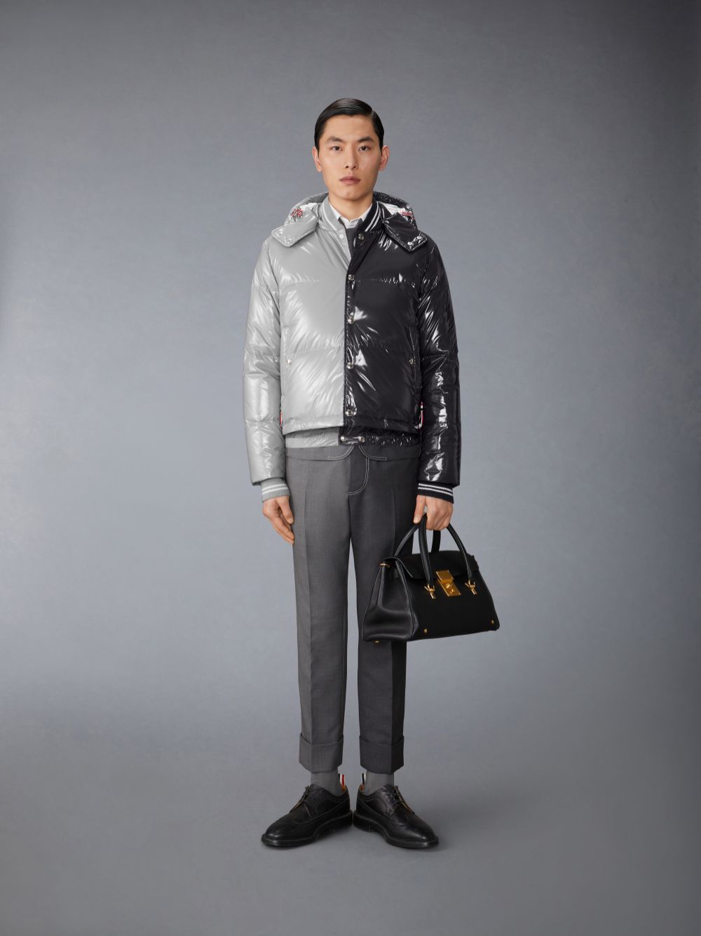 Thom Browne Funmix Glossy Tech Down Fill Detachable Hood Bomber Uomo Giacche Grigie | FOS38R01095