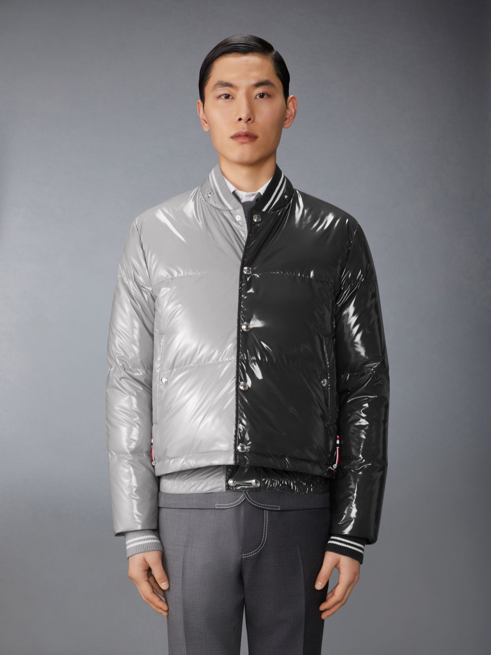 Thom Browne Funmix Glossy Tech Down Fill Detachable Hood Bomber Uomo Giacche Grigie | FOS38R01095