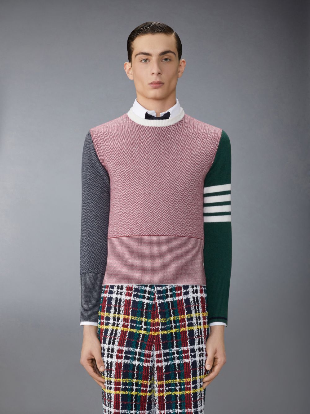 Thom Browne Funmix Merino Wool Herringbone Float Jacquard 4-Bar Classic Crew Neck Uomo Pullover Rosse | RZS71J39192