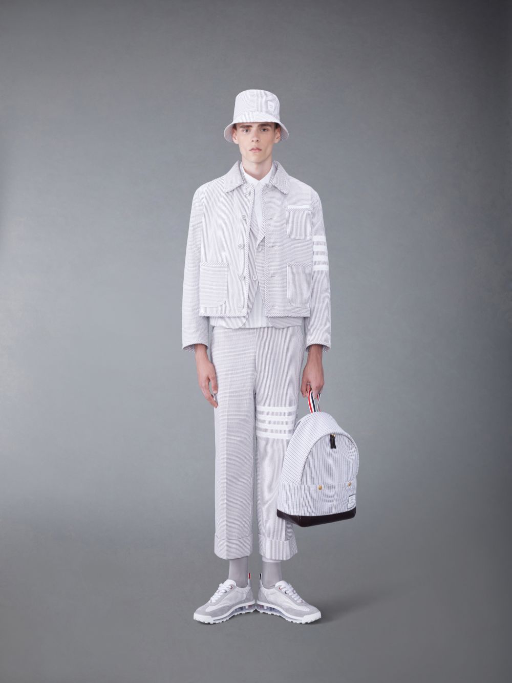 Thom Browne Funmix Seersucker 4-Bar Sack Uomo Giacche Grigie | CGJ31G44956