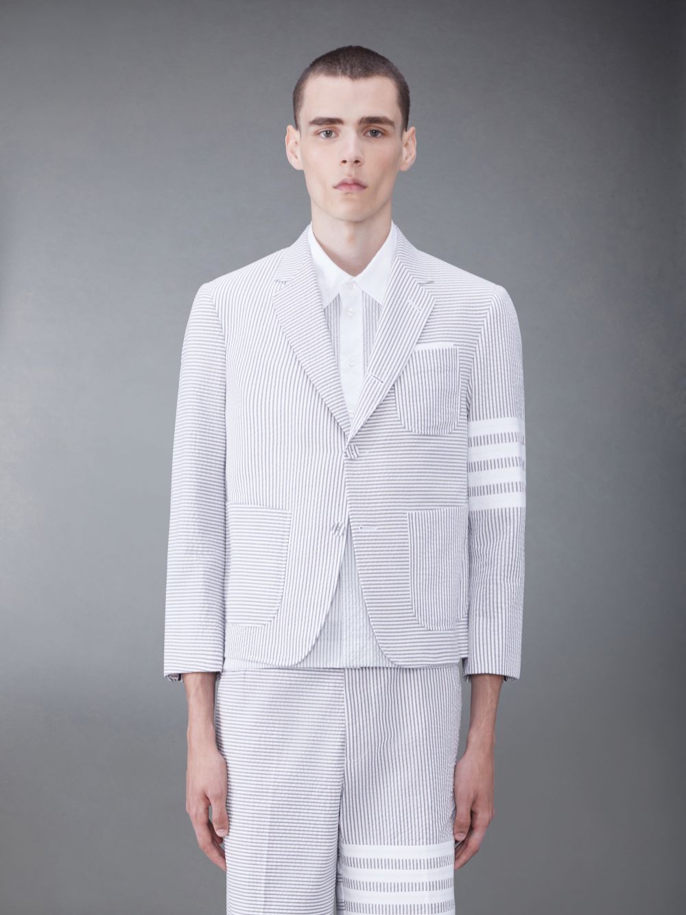 Thom Browne Funmix Seersucker 4-Bar Sack Uomo Giacche Grigie | CGJ31G44956