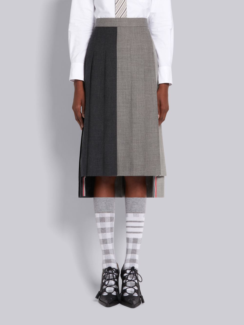 Thom Browne Grey Fun-Mix Wool 2 Ply Fresco Below Knee Classic Pleated Donna Gonne Grigie | YQU08D82814