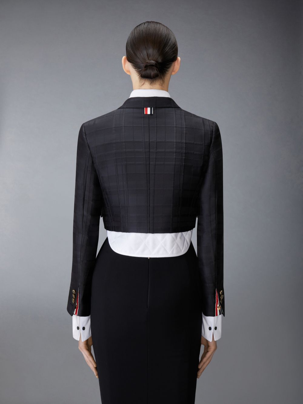 Thom Browne Hunting Tartan 3D Windowpane Jacquard Cropped High Break Sport With Quilted Oxford Shirt Donna Cappotti Nere | KLS16R48488