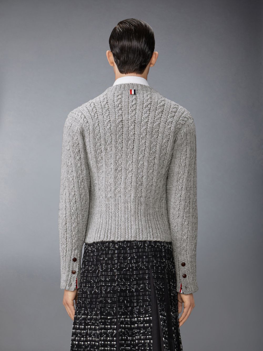 Thom Browne Irish Wool Handknit Cable Stitch Classic Uomo Cardigan Grigie | BMM45J94133