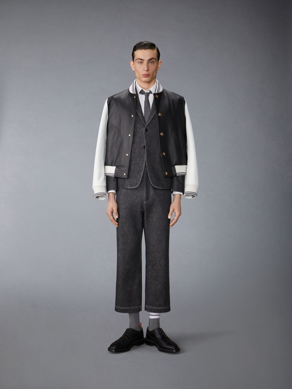 Thom Browne Lamb Grained Leather Contrast Topstitching Blouson Uomo Giacche Nere | PBN19K36271