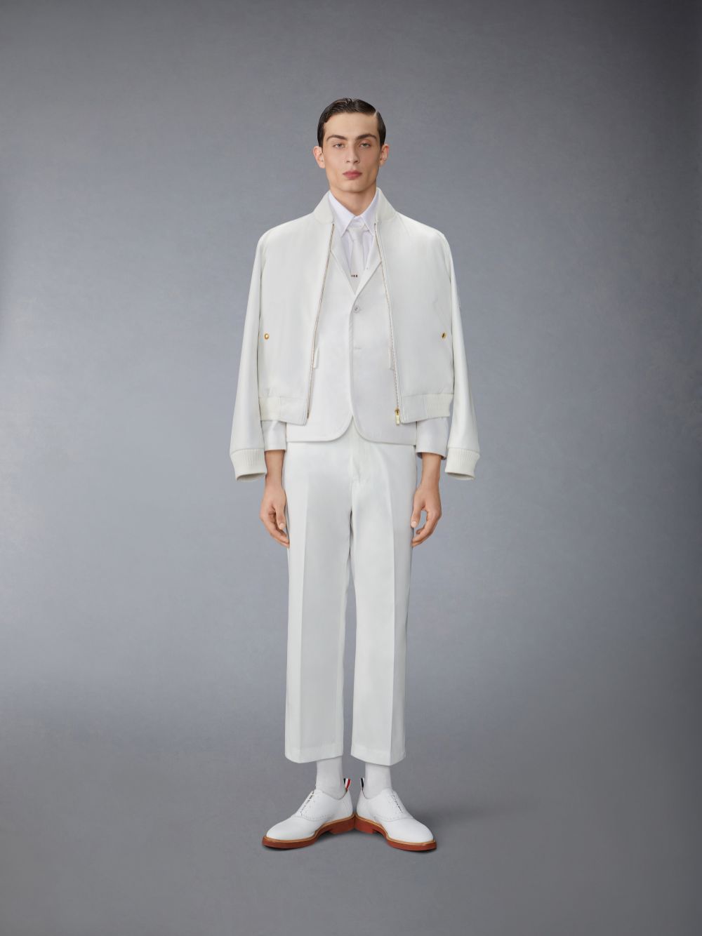 Thom Browne Lamb Grained Leather and Knit Rib Flag Patch Blouson Uomo Giacche Bianche | NFN87J76042