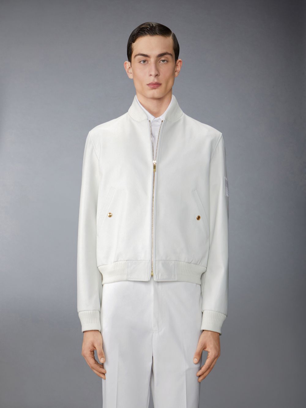 Thom Browne Lamb Grained Leather and Knit Rib Flag Patch Blouson Uomo Giacche Bianche | NFN87J76042