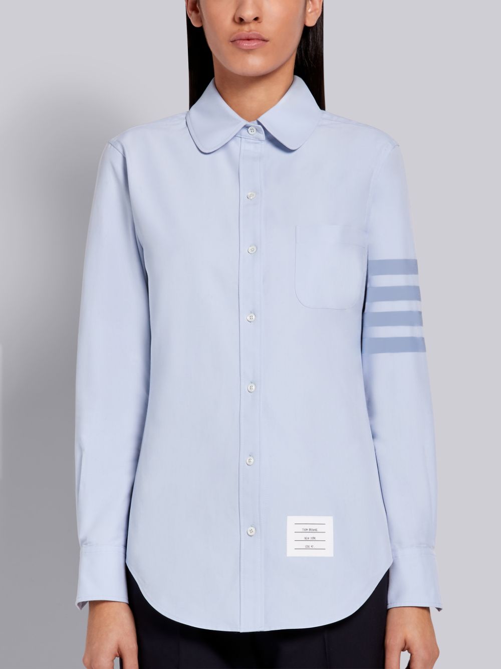 Thom Browne Light Blue Supima Cotton Oxford Satin Weave 4-Bar Long Sleeve Round Collar Donna Camicie Blu | WIB35L50186