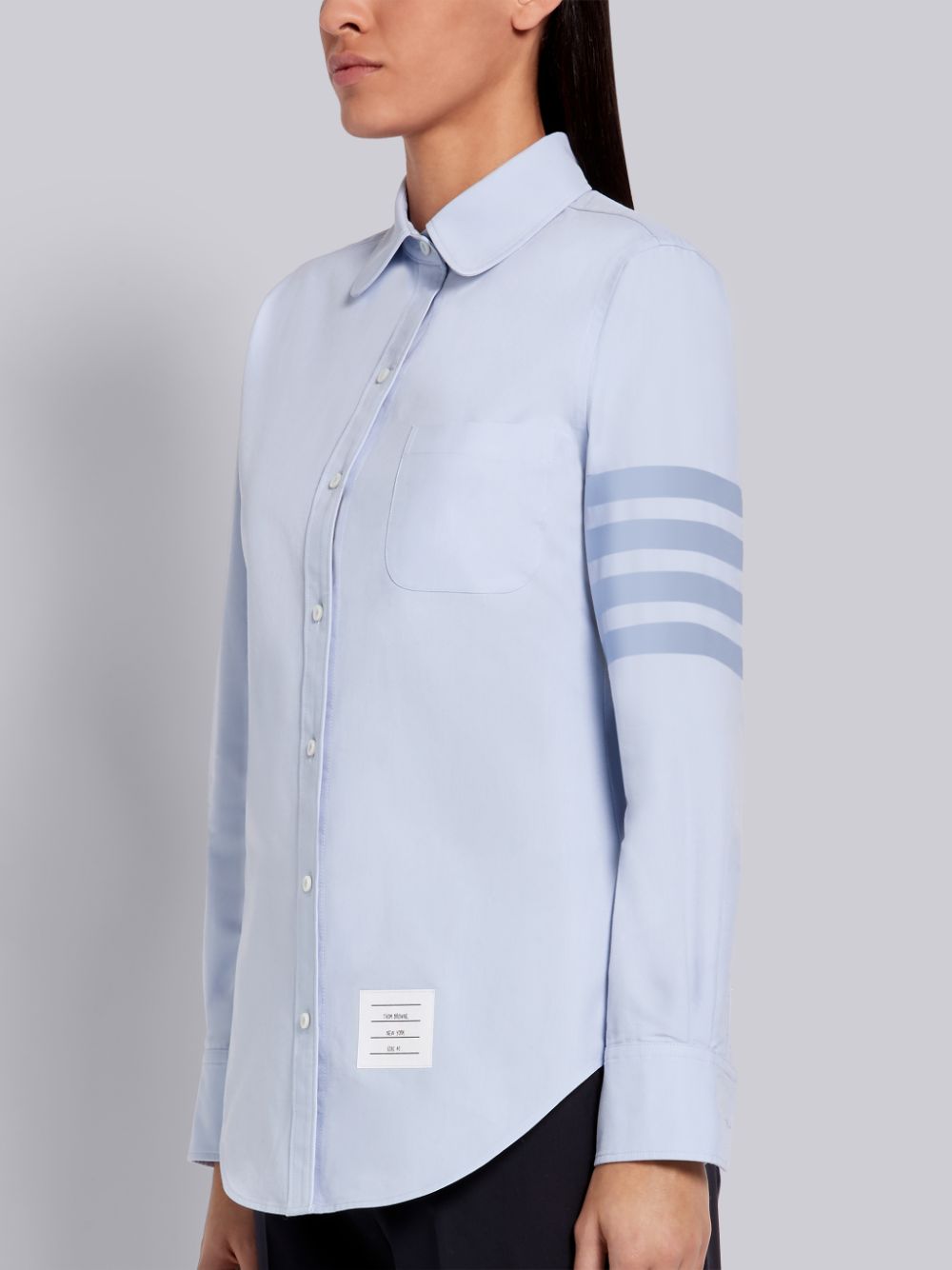 Thom Browne Light Blue Supima Cotton Oxford Satin Weave 4-Bar Long Sleeve Round Collar Donna Camicie Blu | WIB35L50186