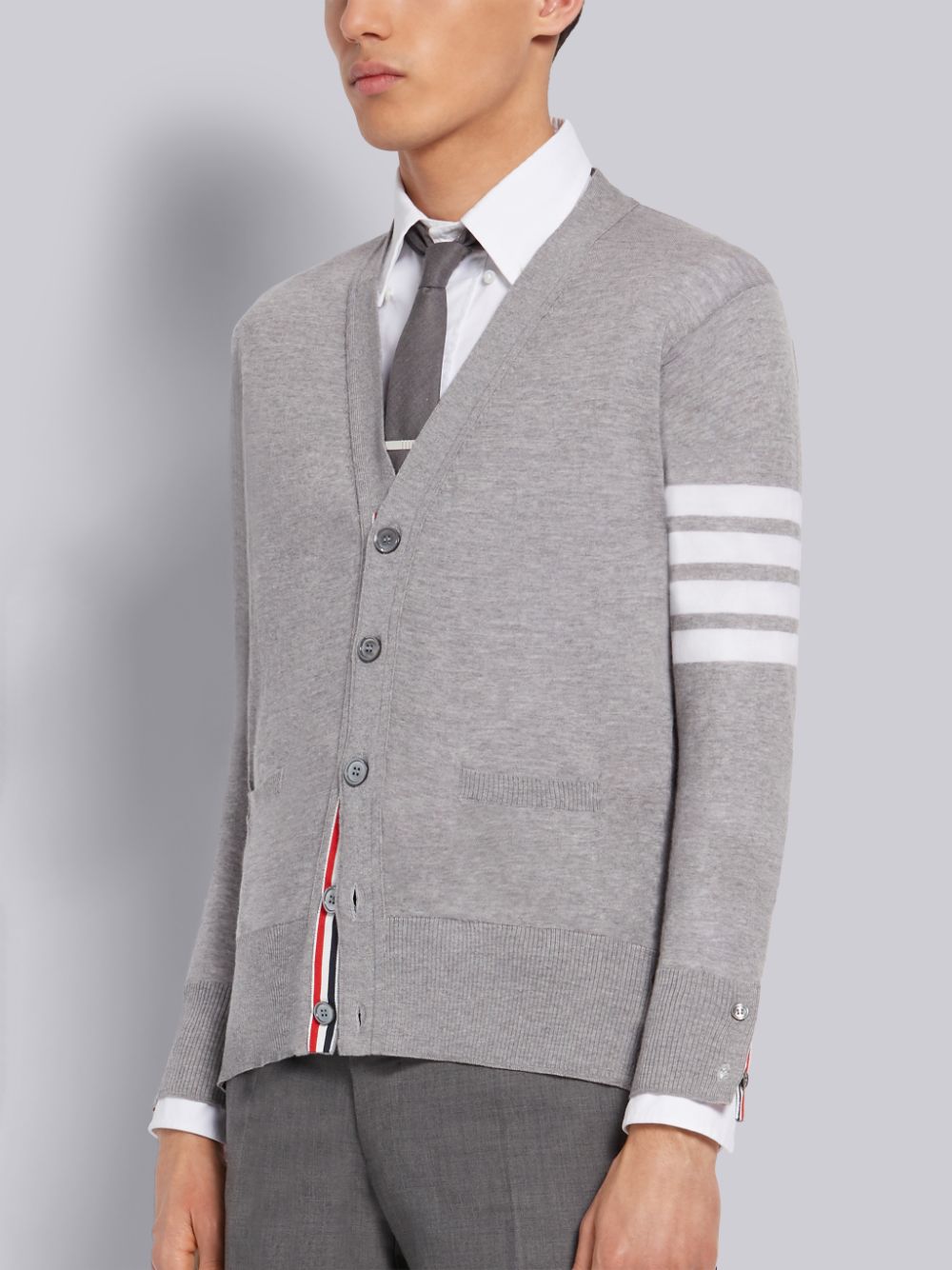 Thom Browne Light Fine Merino Wool V-Neck 4-Bar Uomo Cardigan Grigie | HFI05D76991