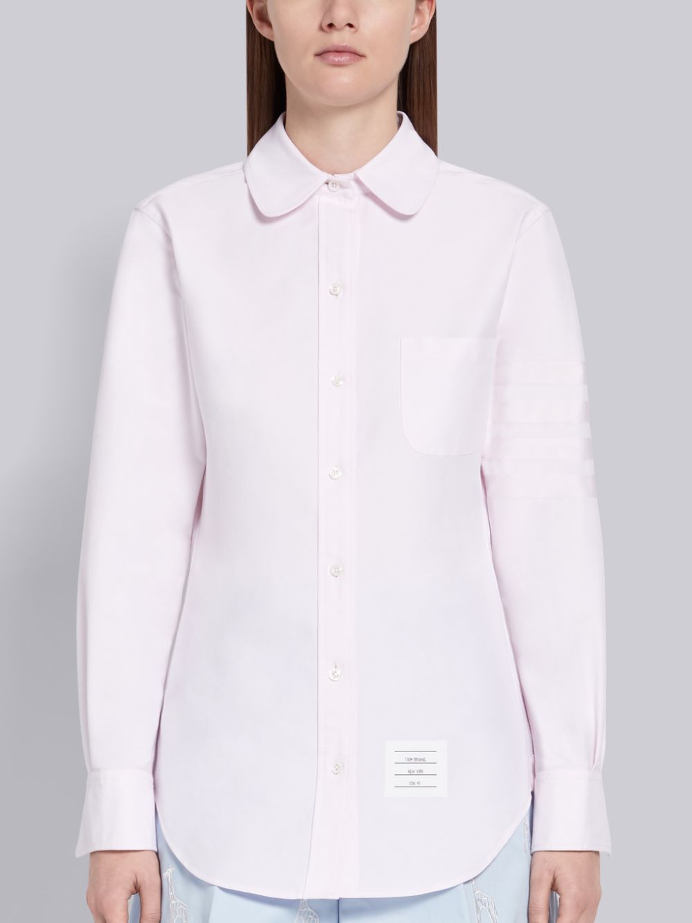 Thom Browne Light Pink Supima Cotton Oxford Satin Weave 4-Bar Long Sleeve Round Collar Donna Camicie Rosa | BNB95Y79979