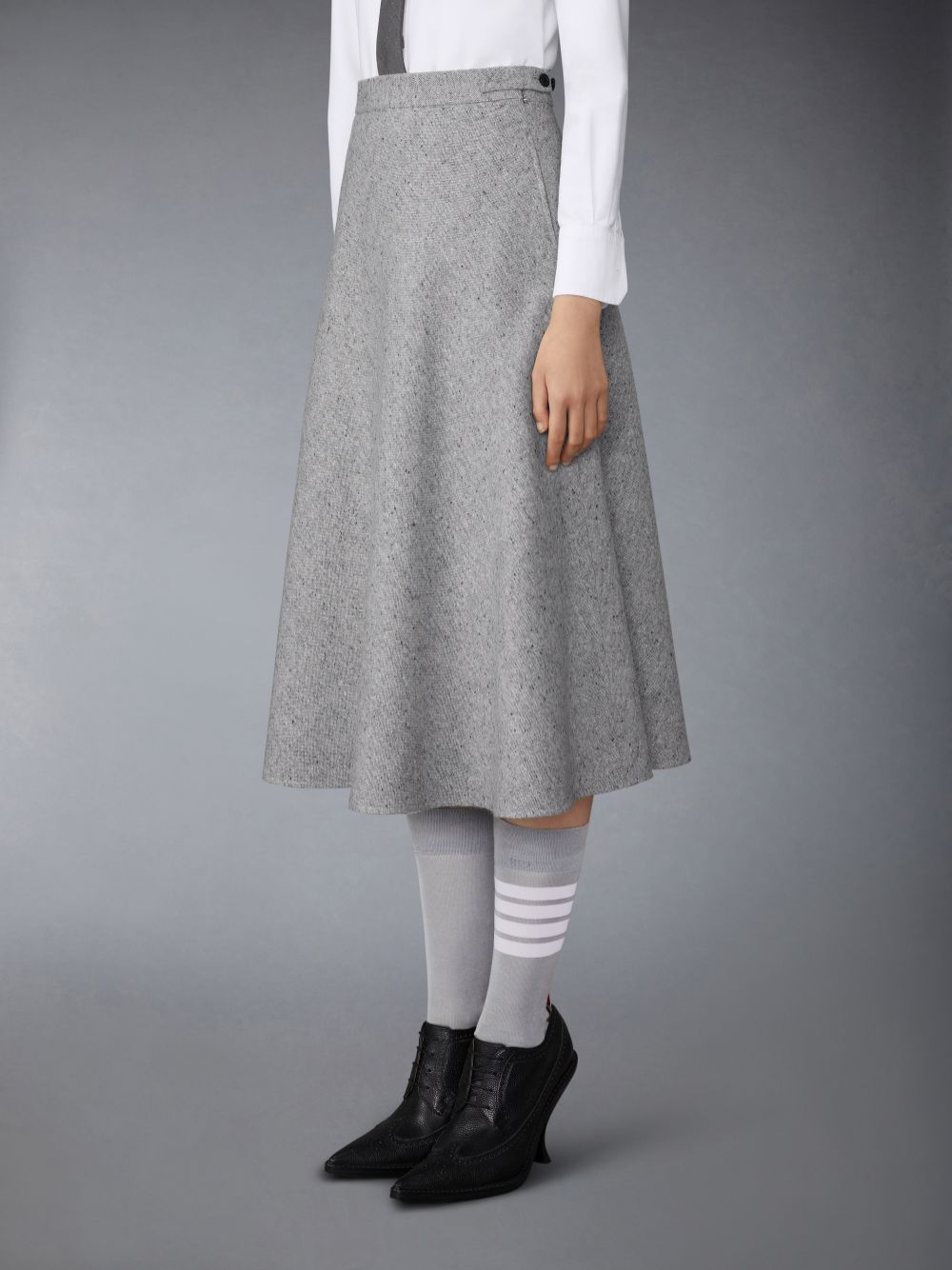 Thom Browne Light Weight Irish Donegal Tweed Midi A-line Side Tab Donna Gonne Grigie | NEJ83D43048