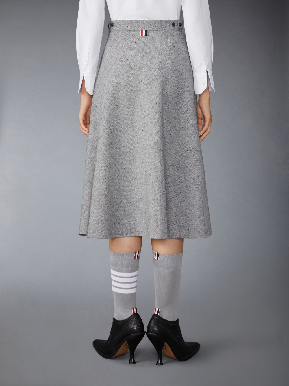 Thom Browne Light Weight Irish Donegal Tweed Midi A-line Side Tab Donna Gonne Grigie | NEJ83D43048