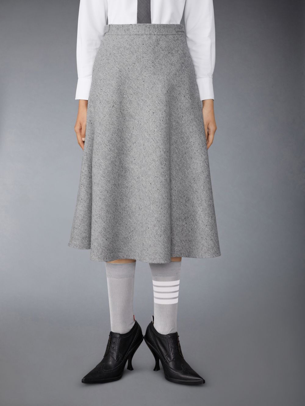 Thom Browne Light Weight Irish Donegal Tweed Midi A-line Side Tab Donna Gonne Grigie | NEJ83D43048