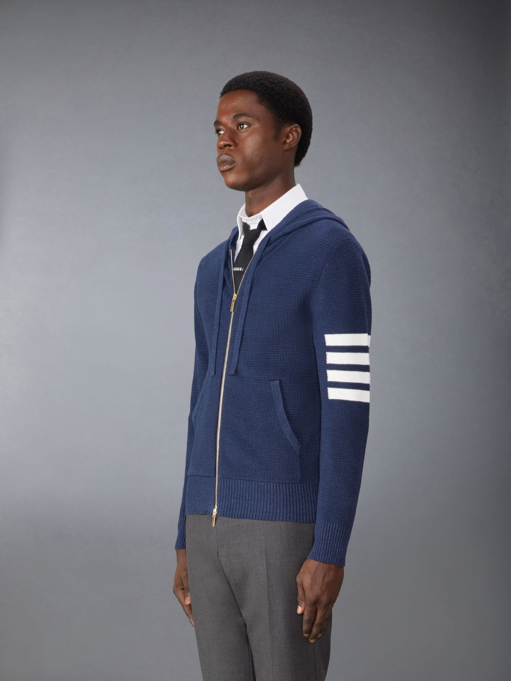 Thom Browne Linen Cotton 4-Bar Relaxed Fit Zip up Uomo Felpa con Cappuccio Blu | XRZ06B60745