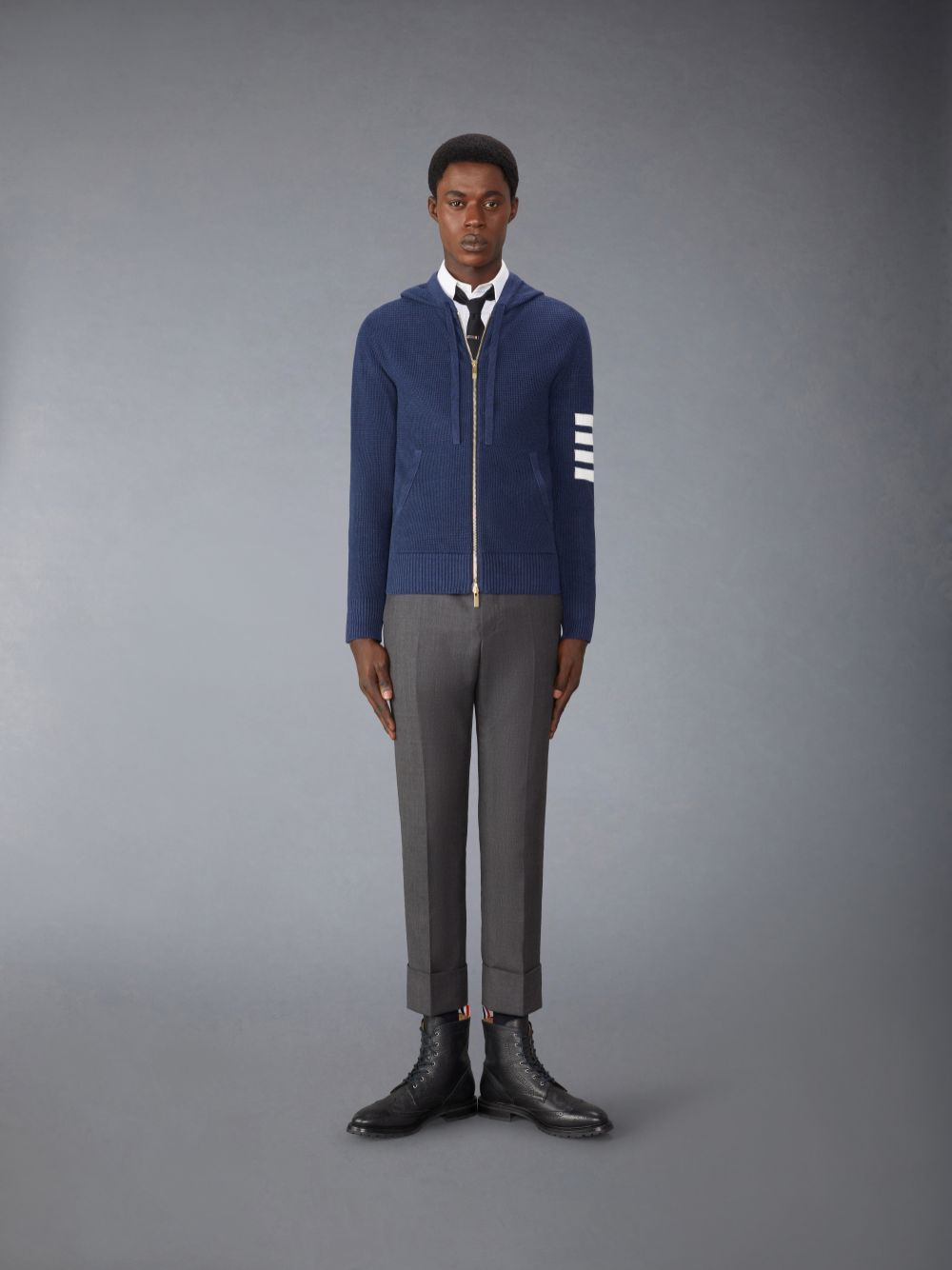 Thom Browne Linen Cotton 4-Bar Relaxed Fit Zip up Uomo Felpa con Cappuccio Blu | XRZ06B60745