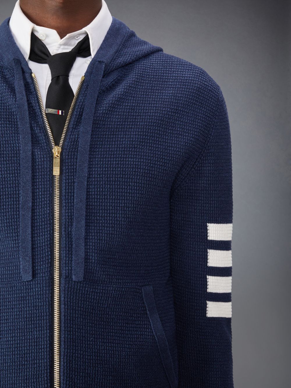 Thom Browne Linen Cotton 4-Bar Relaxed Fit Zip up Uomo Felpa con Cappuccio Blu | XRZ06B60745