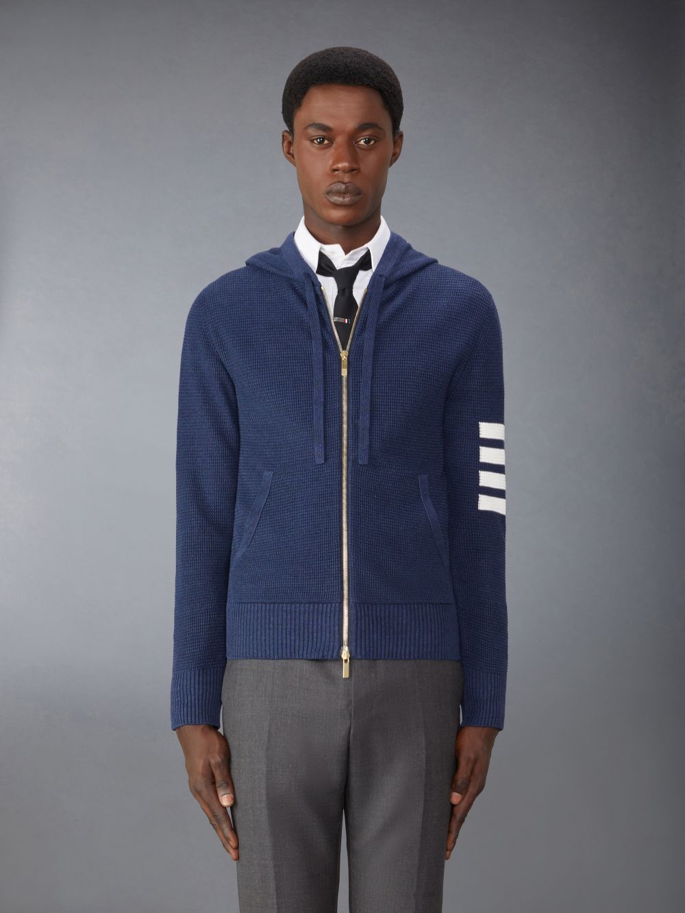 Thom Browne Linen Cotton 4-Bar Relaxed Fit Zip up Uomo Felpa con Cappuccio Blu | XRZ06B60745